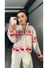 Resim Geyik İşlemeli Fermuarlı Yılbaşı Hırkası Krem 