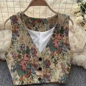 Resim Kadınlar İçin Çiçek Desenli V Yaka Düğmeli Korse - Vintage Tarzı Beli Sıkılaştırıcı, Hafif Makinede Yıkanabilir Katmanlı Parça, İlkbahar Yaz Sonbahar için Günlük ve Şık Kıyafetler, Rustik Ülke Stili, Esnemez Kumaş 