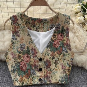 Resim Kadınlar İçin Çiçek Desenli V Yaka Düğmeli Korse - Vintage Tarzı Beli Sıkılaştırıcı, Hafif Makinede Yıkanabilir Katmanlı Parça, İlkbahar Yaz Sonbahar için Günlük ve Şık Kıyafetler, Rustik Ülke Stili, Esnemez Kumaş 