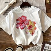Resim Kadın Vintage Çiçek Desenli Tişört, Kısa Kollu, Örgü Kumaş, Polyester, Yuvarlak Yaka, Normal Kalıp, Yazlık Moda Üstü 