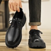 Resim Erkek İngiliz Tarzı Kalın Tabanlı Oxfords - Siyah Suni Kaplama Dantel Ayakkabıları, Kauçuk Tabanlı, İş ve Günlük Giyim İçin Rahat, Yuvarlak Burun Tasarımı, Tüm Mevsimler İçin Çok Yönlü Ayakkabı, Resmi Ayakkabı, Dayanıklı Ayakkabı 