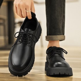Resim Erkek İngiliz Tarzı Kalın Tabanlı Oxfords - Siyah Suni Kaplama Dantel Ayakkabıları, Kauçuk Tabanlı, İş ve Günlük Giyim İçin Rahat, Yuvarlak Burun Tasarımı, Tüm Mevsimler İçin Çok Yönlü Ayakkabı, Resmi Ayakkabı, Dayanıklı Ayakkabı 