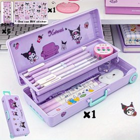 Resim Sanrio Keroppi Mor Çanta Tarzı Çift Katmanlı Kalem Kutusu 5 Div Sticker & 1 Silgi ile - Öğrenciler için Sevimli Okul Malzemeleri, Doğum Günü Hediyesi, Okula Dönüş Temel İhtiyaçları, Okul Çantası, Kırtasiye Düzenleyici, Eğlenceli Tasarım, Dayanıklı Bölmeler 
