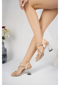 Resim Bulutmod Kadın Bilekten Dolama Üç Taşlı Şeffaf Topuklu Ayakkabı Ten Ten Rengi 