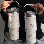 Resim 1 adet 900ml/33.44oz Paslanmaz Çelik Yalıtımlı Termos Bardak Saplı ve Pipetli - Sevimli Fiyonk & Kalp Tasarımı, Çift İçme Ağızları, İçecekleri Sıcak veya Soğuk Tutuyor, Seyahat, Spor Salonu, Dış Aktiviteler ve Hediyeler için Mükemmel 