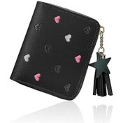 Resim İşlemeli Kalp Desenli Sevimli Kadın Cüzdanı Siyah Yıldız Kolye Ucuyla, Kart Yuvaları Ve Bölmeleri Olan Pu Deri Cüzdan, Kadınlar İçin Yaratıcı 