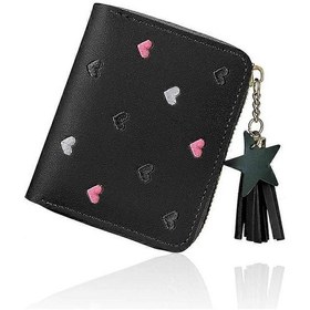 Resim İşlemeli Kalp Desenli Sevimli Kadın Cüzdanı Siyah Yıldız Kolye Ucuyla, Kart Yuvaları Ve Bölmeleri Olan Pu Deri Cüzdan, Kadınlar İçin Yaratıcı 