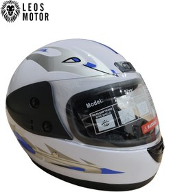 Resim LEOS MOTOR -FULL FACE KASK-İTHAL-BEYAZ MAVİ DESENLİ-DERİ BOYUNLUKLU- 