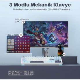 Resim Aula F87 Pro Mekanik Rgb Tkl Graywood V3 Switch Kablosuz Makrolu Hot Swap Klavye Açık Mavi 
