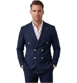 Resim Deep Sea Deepsea Erkek Lacivert Slim Fit Kruvaze Takım Elbise Likralı Çizgili Dokulu Metal Düğmeli 2600820 