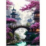 Resim 1 adet 5D Kendin Yap Tam Elmas Boyama Seti, 29,97x20,02cm Tuval, Geleneksel Japon Mimarisi ve Kiraz Çiçekleri, Çerçevesiz Duvar Sanatı Ev Dekorasyonu için, Yeni Başlayanlar için İdeal Hediye 