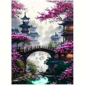 Resim 1 adet 5D Kendin Yap Tam Elmas Boyama Seti, 29,97x20,02cm Tuval, Geleneksel Japon Mimarisi ve Kiraz Çiçekleri, Çerçevesiz Duvar Sanatı Ev Dekorasyonu için, Yeni Başlayanlar için İdeal Hediye 