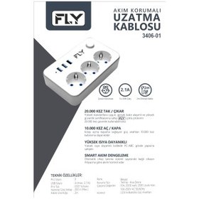 Resim FLY 3406-01, 3 Soket, 3 USB, Akım Korumalı Priz, 2.1A, Anahtarlı, 2Mt Kablo, (Beyaz) 