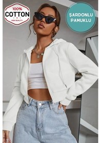Resim Kadın Kırık Beyaz Crop Fitted Kapşonlu Zip Fermuarlı Polar Hırka Sweatshirt Beyaz 