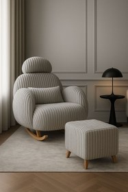 Resim ÜNKAY Premium Çizgili Sabit Başlıklı Sallanır Berjer & Emzirme Koltuğu ve Puf 
