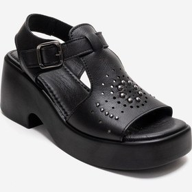 Resim Luvishoes Romına Siyah Cilt Hakiki Deri Troklu Kadın Platform Topuklu Sandalet 