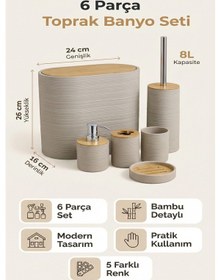 Resim Makri Home 6 Parça Toprak Banyo Seti, Bambu Detaylı, 8l Çöp Kovası 24x26x16 Cm Kahverengi 