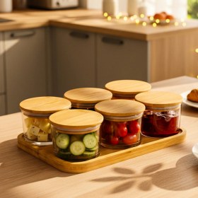 Resim Snippy Feel - 6'lı Cam Kahvaltılık Dikdörtgen Tepsili Bambu Vakumlu Kapaklı Çerezlik Saklama Kabı 220 ml 