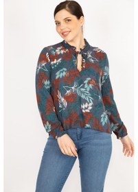 Resim Kadın Büyük Beden Renkli Dokuma Viskon Kumaş V Yaka Bağcıklı Bluz 65n36832-renkli Çok Renkli 