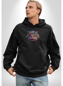 Resim Su Aygırı Hipopotamo Renkli Kadın Erkek Siyah Kapüşonlu Sweatshirt Hoodie Siyah 