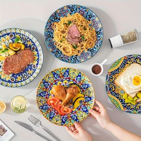 Resim Seramik Yemek Tabakları Seti 4 Adet, 21.59 cm, Tatlı Salata Tabakları Pasta, Biftek, Atıştırmalar, Mutfak ve Parti, Modern Mutfak Eşyaları, Aperatif Mutfak Eşyaları, Bohem Tarzı Renkli Porselen Servis Tabakları, Mikrodalga/Öğün/Pişirici Güvenli 