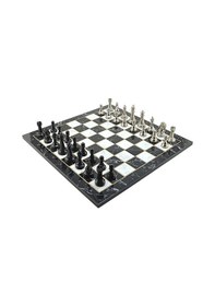 Resim Gifthome Premium Black Metal Klasik Satranç Takımı Ve Katlanır Mermer Desenli Mdf Tahtası 43x43 Cm. 