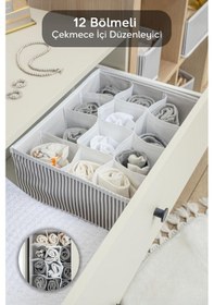 Resim 12 Bölmeli Çekmece İçi Düzenleyici - Çok Amaçlı Dolap Düzenleyici Çamaşır Çorap Organizer 31x25x12cm Gri 