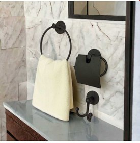 Resim Yapışkanlı Banyo Aksesuar Seti Yuvarlak Havluluk Kapaklı Tuvalet Kağıtlığı Bornozluk Siyah 