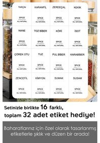 Resim 24'lü Bambu Kapaklı Cam Baharatlık Seti - Etiketli Tuzluk Biberlik Köşeli Baharat Takımı 120 Ml ŞEffaf 