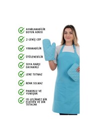 Resim Simple 3lü Set Ayar Askılı Mutfak Önlüğü Seti Eldiven, Tutacak Açık Mavi 