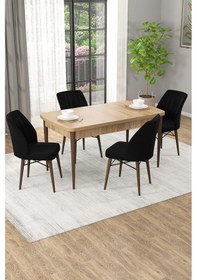 Resim Arel Meşe Desen 80x132 Açılabilir Mdf Masa Yemek Odası Takımı, Mutfak Takımı 4 Adet Sandalye Meşe Masa - 4 Siyah - Ceviz Ayak 