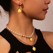Resim Günlük Kıyafetler için 1 Set Vintage Taklit İnci Zincirli Kolye ve Limon Alaşımlı Küpeler 