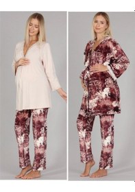Resim Bone Club 5301 Bej Kadife Lohusa 3 Lü Pijama Sabahlık Tk. 001 