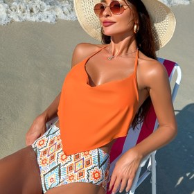 Resim Geometrik Baskılı 2 Parça Bikini Takımı, Düşük Yaka Hanky Hem Yüksek Kesim Mayo, Kadınların Mayo Ve Giyim 