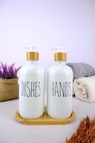 Resim Digithome 2’li Ahşap Standlı Cam Sıvı Sabun ve Bulaşık Deterjanı Şişesi Sabunluk Beyaz 500 Ml - G/13 C1-1-289 