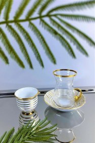 Resim 18 Parça 6 Kişilik Çay Ve Mırra Takımı - Cam Bardaklı Porselen Tabaklı Gold 