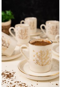 Resim Çarşıdayız Porselen 6 Kişilik 12 Parça Beyaz Hayat Ağacı Desenli Kahve Fincanı Seti - Türk Kahvesi Fincanı Hayat Ağacı 