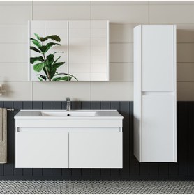 Resim banos Roomart Tm3 Ayaksız 2 Kapaklı Lavabolu Beyaz Mdf 100 Cm Banyo Dolabı Aynalı Üst Dolap Boy Dolabı 