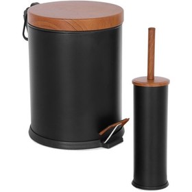 Resim Foreca Ahşap Kapak 2 li Çöp Kovası Banyo Seti Siyah 