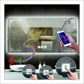 Resim Dnr-Mirror70x100 Cm Beyaz Ledli Tasarım Kumlamalı Dokunmatik Bluetoothlu Buğu Önleyicili Makyaj Banyo Aynası 