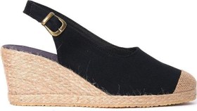 Resim Star Tombis Gerçek Elişi Siyah Arkadan Bantlı Topuğu Açık Burnu Hasırlı Keten Espadril Dolgu Topuk Handmade 