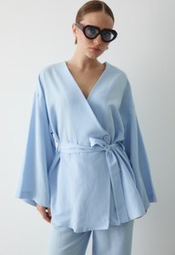Resim Laluvia Mavi Düğme Detaylı Kemerli Kimono - 005 