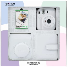 Resim Fujifilm Instax Mini 12 Beyaz Fotoğraf Makinesi 10'lu Film Kare Albüm ve Deri Kılıf Bundle Box 