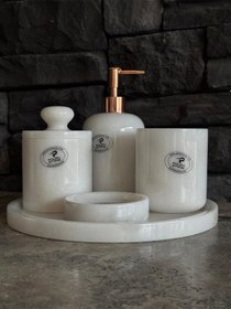 Resim Beyaz Mermer Rose Gold Pompalı, Pamukluk Kendinden Tutmalı 5'li Set Beyaz 