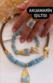 Resim Doğaltaş Gümüş Gold Akuamarin Özel Tasarım Set 