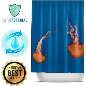 Resim Mavi Duş Perdesi-Jelly Fish Desenli Banyo Perdesi, Dijital Baskılı Perde Koyu Mavi 