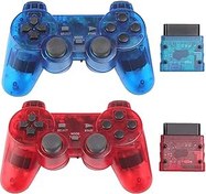 Resim PS2 Wireless Controller 2.4G Play Station 2 Gamepad 2 Pack Dual Vibration Compatible with Sony Playstation 2 Console (ClearBlue +ClearRed) 