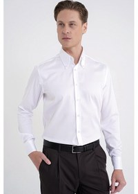 Resim Slim Fit Düğmeli Yüksek Yaka %100 Pamuk Saten Düz Beyaz Gömlek Gk 760 
