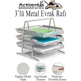 Resim Gümüş Gri Metal Evrak Rafı 3 Lü Masaüstü Kalemlik 3 Lü Ve Fileli Çöp Kovası 1 Paket Masaüstü A4 Dosya Düzenleyici Not Gümüş Gri 