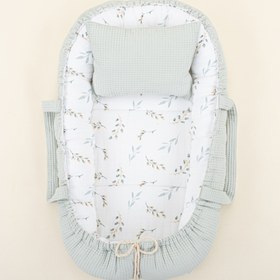 Resim Babynest ve Yastık - Çift Taraflı - Açık Yeşil Petek - Yapraklar 